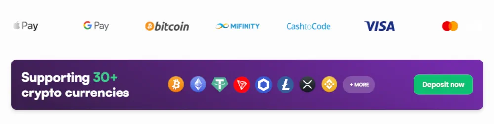 InstaSpin geaccepteerde betaalmethoden zijn onder andere creditcards, Apple Pay en verschillende cryptocurrencies.